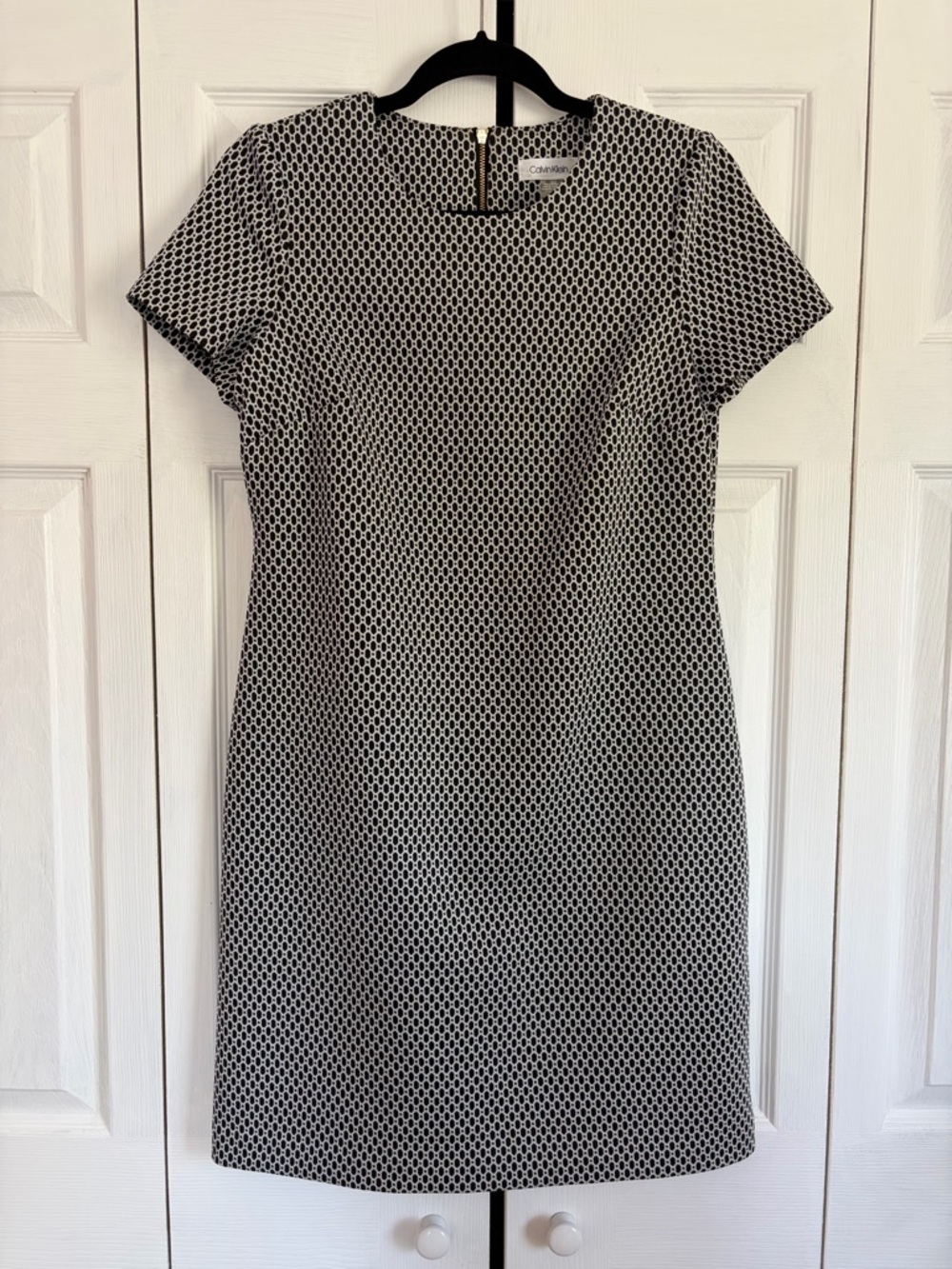 Calvin Klein Black and White Patterned Midi Sheath Dress